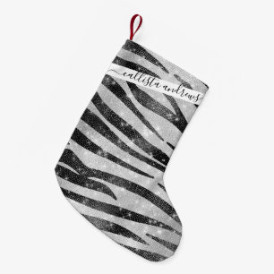 Glamour Schwarz-weißer Funkelnd Glitzer Zebra Stri Kleiner Weihnachtsstrumpf