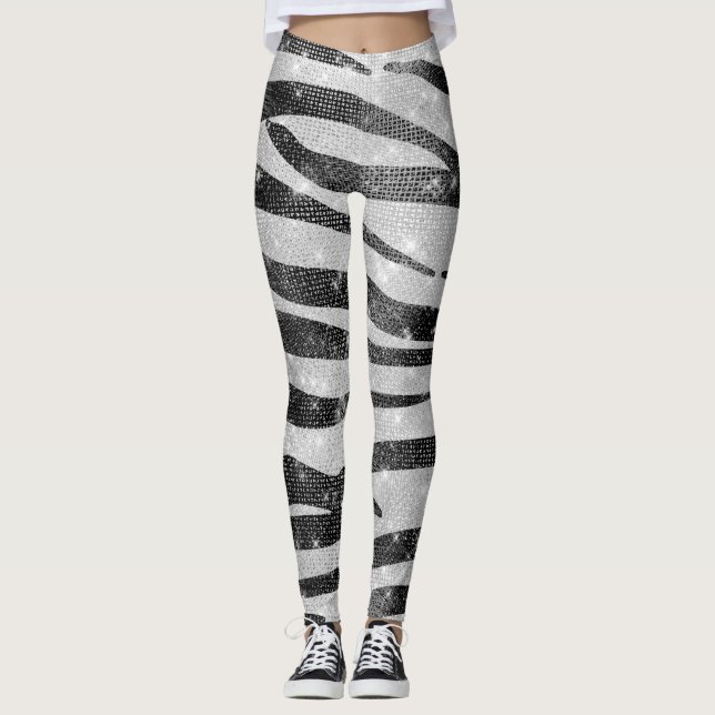 Glamour Schwarz-weißer Funkelnd Glitzer Zebra Stri Leggings (Vorderseite)