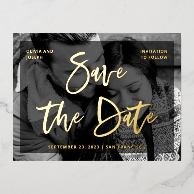 Glamour Script | Overlay und Foto Save the Date Folie Einladungspostkarte (Vorderseite)