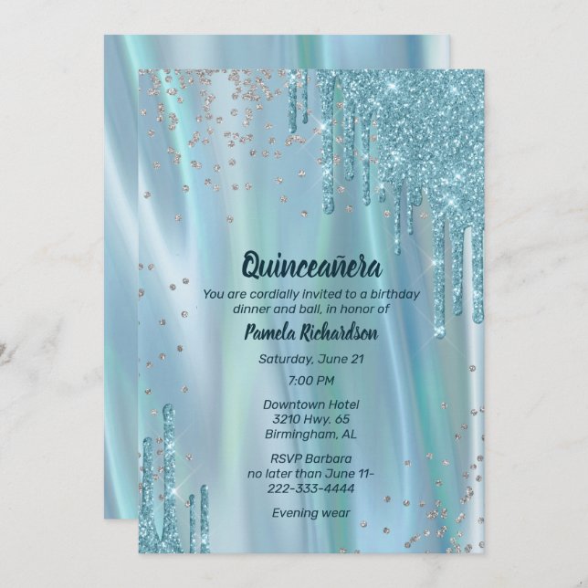 Glamour Seide und Glitzer Look Quinceañera Invita Einladung (Vorne/Hinten)