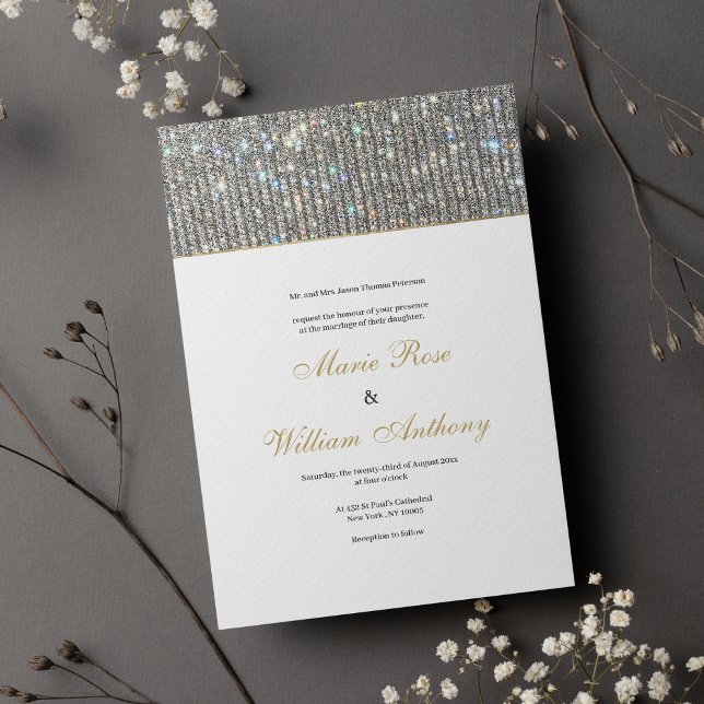 Glamour silberne Hochzeit mit weißem Glitzer Einladung (Elegant white gold silver glitter glam Wedding Invitation )