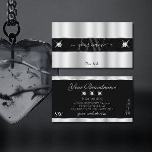 Glamour Silver Black Sparkling Diamonds Monogram Visitenkarte