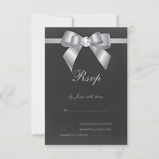 Glamour Silver Bow & Ribbon RSVP Karte (Vorderseite)