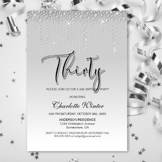 Glamour Silver Diamonds 30. Geburtstag Party Einladung