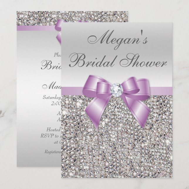 Glamour Silver Sequins Lilac Bow Brautparty Einladung (Vorne/Hinten)