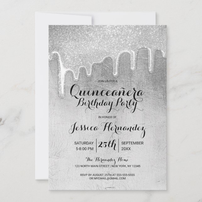 Glamour Silver Thick Glitzer Tropfen Quinceañera Einladung (Vorderseite)