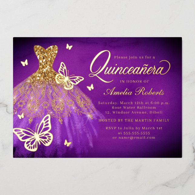 Glamour Sparkeil Butterfly Quinceanera Folieneinladung (Vorderseite)