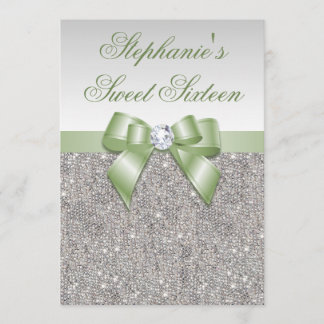 Glamour Sweet 16 Imitat Silver Sequins Green Bow Einladung