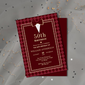 Glamour Velvet Burgundy Gold Tuxedo Themenparty Einladung