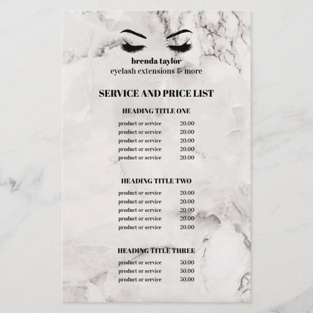 Glamour weißer Marmor EYELASH SALON SERVICE LIST Flyer (Vorne)