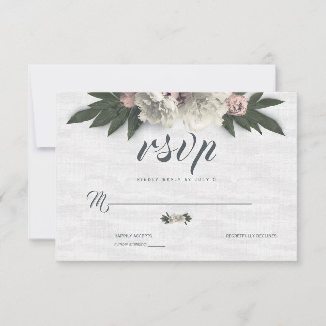 Glamour White and Peach Floral Peonys RSVP Karte (Vorderseite)