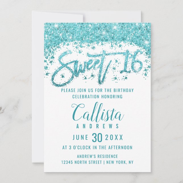 Glamour White Aqua Blue Glitzer Dust Sweet 16 Einladung (Vorderseite)