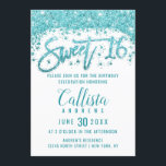Glamour White Aqua Blue Glitzer Dust Sweet 16 Einladung<br><div class="desc">Dieses einzigartige und originelle Sweet 16-Einladungs-Design besticht durch moderne, mädchenhafte und schicke Imitats, die in Aqua-Blau-Glitzer-Staub gedruckt wurden und auf einem schlichten, weißen Hintergrund eine benutzerdefinierte Pinseltypografie des Glitzer aufweisen. Diese elegante und glamouröse Einladung wird Ihre Gäste begeistern und das perfekte Kompliment für die hübsche und stilvolle Geburtstagsparty Ihrer Tochter...</div>
