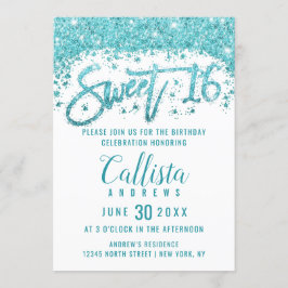 Glamour White Aqua Blue Glitzer Dust Sweet 16 Einladung