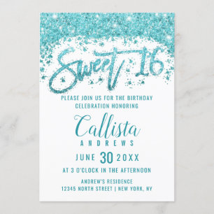 Glamour White Aqua Blue Glitzer Dust Sweet 16 Einladung