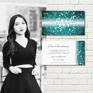 Glamour White Aquamarin Sparkling Glitzer Initials Visitenkarte