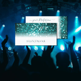 Glamour White Aquamarin Sparkling Glitzer Monogram Visitenkarte