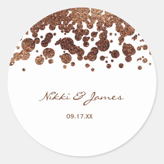 Glamour "White & Bronze Confetti Dots" Shimmer Runder Aufkleber (Vorderseite)