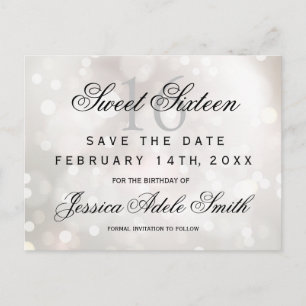 Glamour White Glitzer Sweet 16 Save the Date Postkarte