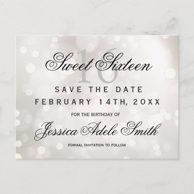 Glamour White Glitzer Sweet 16 Save the Date Postkarte (Vorderseite)