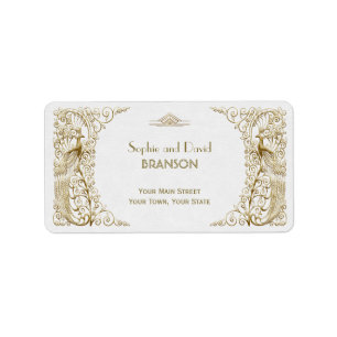 Glamour White Gold Art Deco Peacocks Hochzeit Adressaufkleber