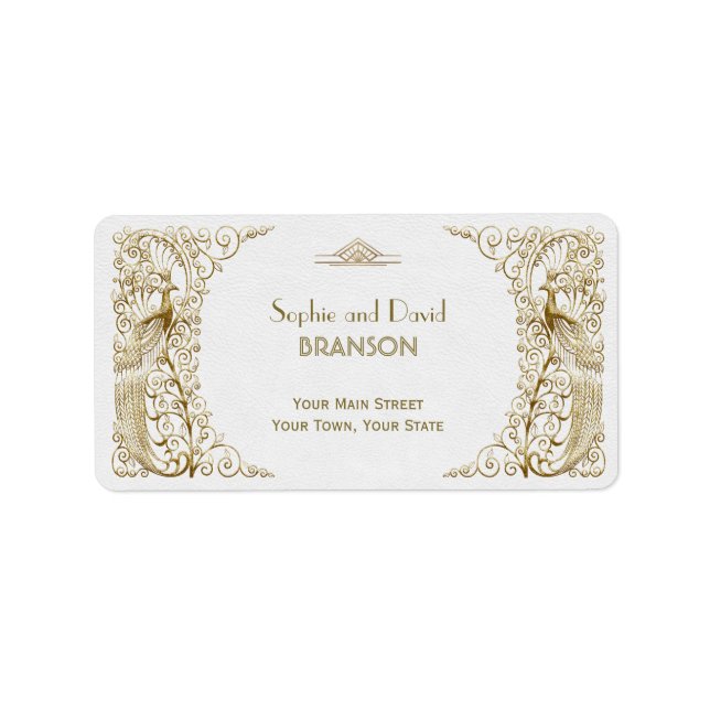 Glamour White Gold Art Deco Peacocks Hochzeit Adressaufkleber (Vorne)