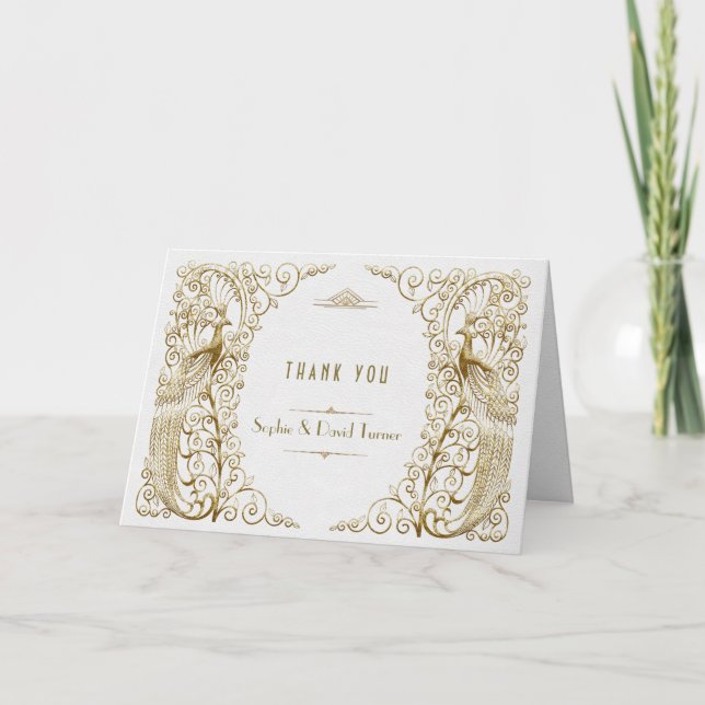 Glamour White Gold Art Deco Peacocks Vielen Dank Dankeskarte (Vorderseite)