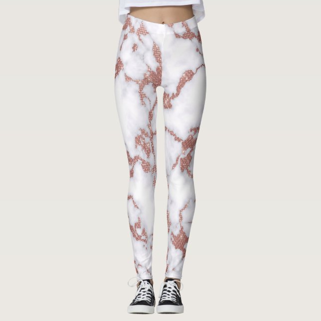 Glamour White Rose Gold Glitzer Marmormuster Leggings (Vorderseite)