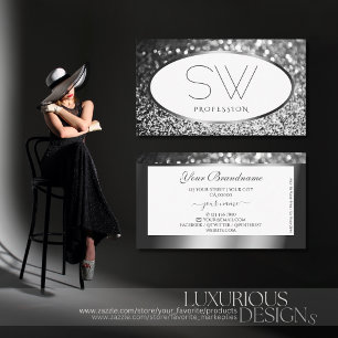Glamour White Silver Sparkle Glitzer Monogram Visitenkarte