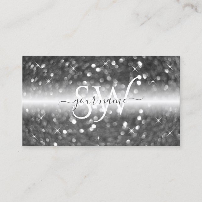 Glamour White Silver Sparkling Glitzer Initials Visitenkarte (Vorderseite)