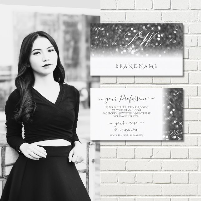 Glamour White Silver Sparkling Glitzer Monogram Visitenkarte (Von Creator hochgeladen)