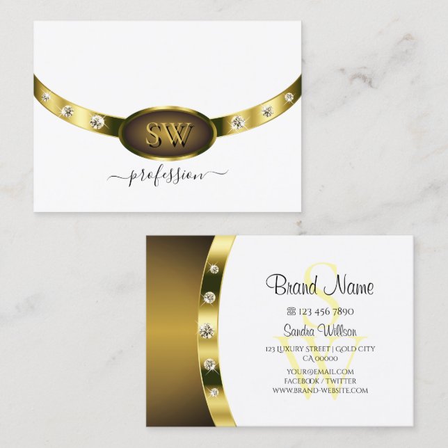 Glamour White und Gold mit Monogram Diamonds Visitenkarte (Vorne/Hinten)