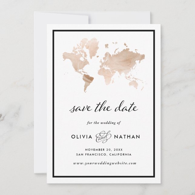Glamour World Map | Elegante Hochzeit zum Thema Re Save The Date (Vorderseite)
