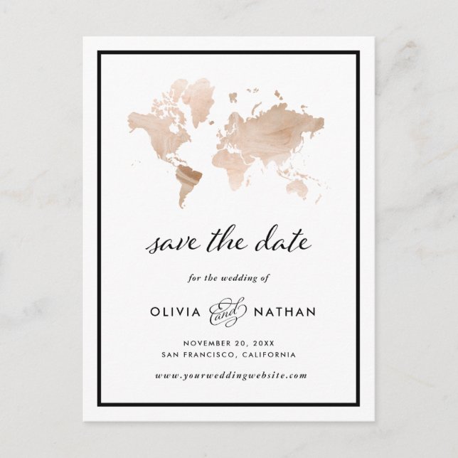 Glamour World Map | Elegante Reise Save the Date Ankündigungspostkarte (Vorderseite)