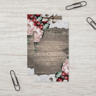 Glamourös Floral Rustikales Holz & Spitze Elegante Visitenkarte