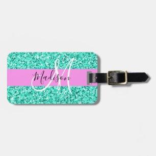 Glamourös Pink Türkis Glitter Funkeln Monogramm Na Gepäckanhänger