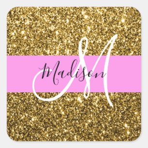 Glamourös Pink und Gold Glitter Funkeln Monogramm Quadratischer Aufkleber