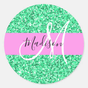 Glamourös Pink und Grün Glitter Funkeln Monogramm Runder Aufkleber