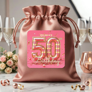 Glamouröse 50. Geburtstagsfeier mit rosa-goldenem  Quadratischer Aufkleber
