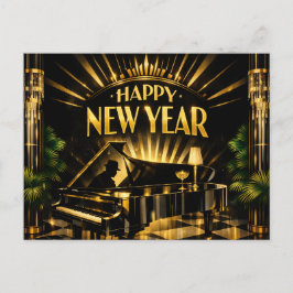 Glamouröse Art Deco-Piano Neujahr Feiertagspostkarte
