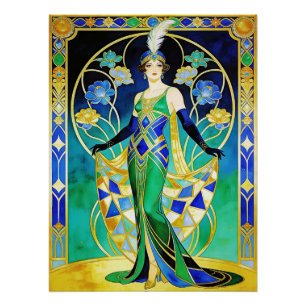 Glamouröse Art Deco-Sirene in Blau und Grün Poster