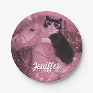 Glamouröse Einhornkatze unter funkelnder Stadt Pappteller