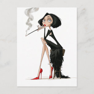 Glamouröse Femme Fatale in Schwarz und Rot Postkarte