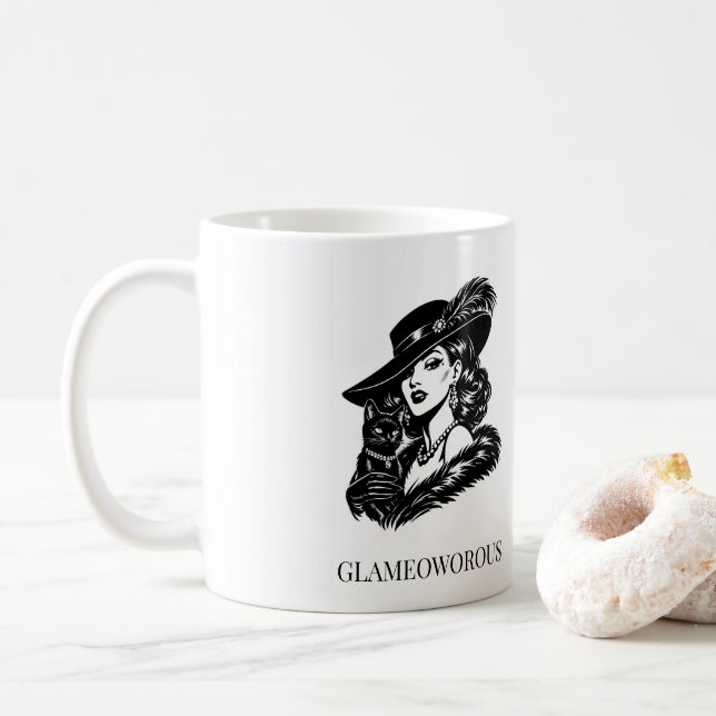 Glamouröse Frau mit Katzenmode-Illustration Kaffeetasse (Mit Donut)