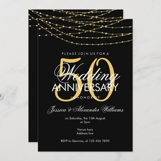 Glamouröse goldene Lichter zum 50. Hochzeitstag Einladung (Vorne/Hinten)