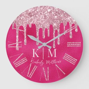 Glamouröse, heißrosa-glitzernde Monogramm-Initiale Große Wanduhr