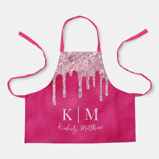 Glamouröse, heißrosa-glitzernde Monogramm-Initiale Schürze (Vorderseite)