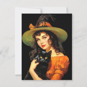 Glamouröse Hexe Vintage-Halloween-Pin-up-Kunst Postkarte