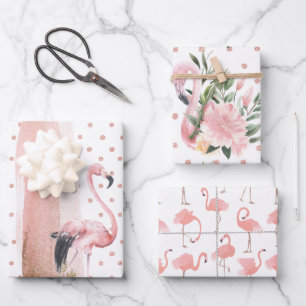 Glamouröse Mädchenhafte Rosa Flamingo-Muster Geschenkpapier Set