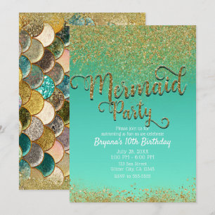 Glamouröse Meerjungfrau-Party Gold Glitter & Türki Einladung